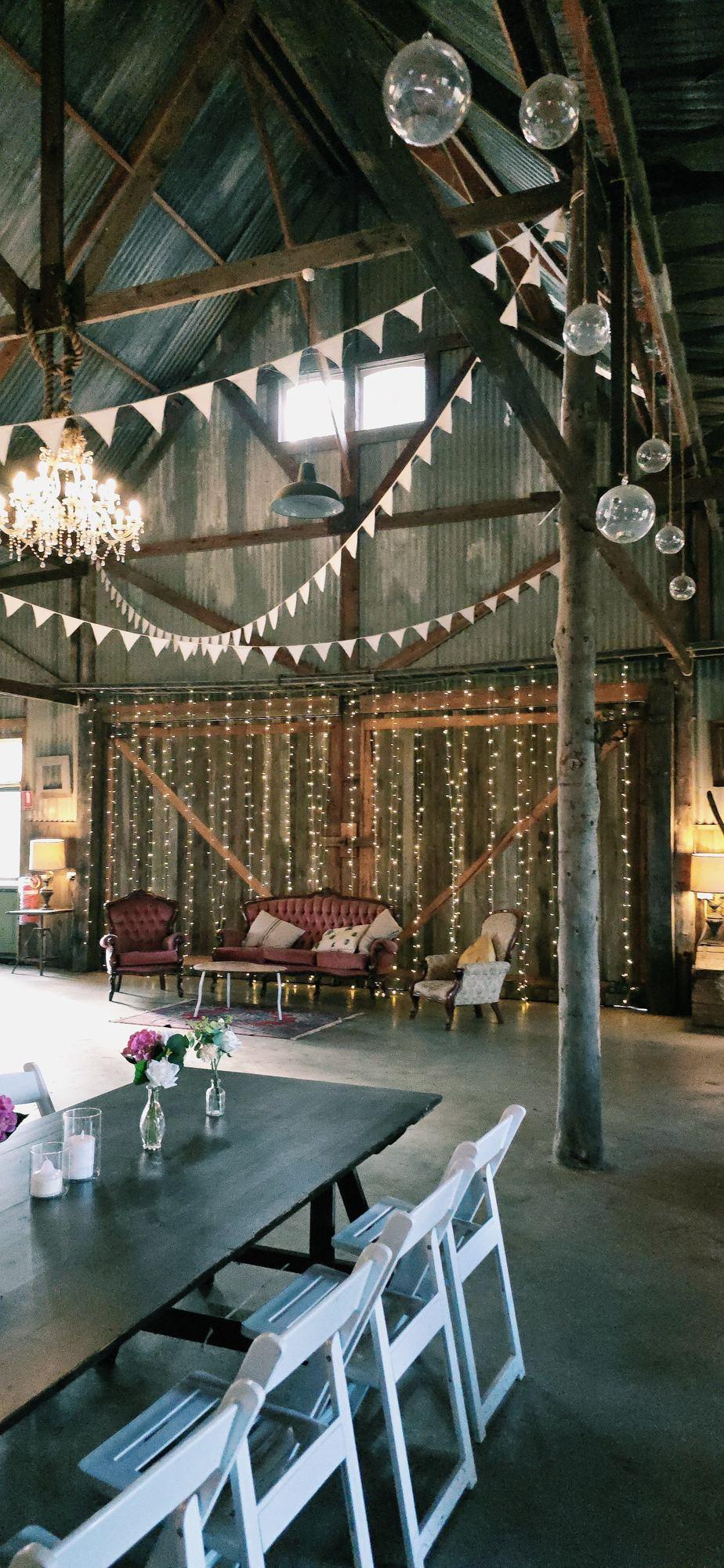 The barn lounge under fairy lights