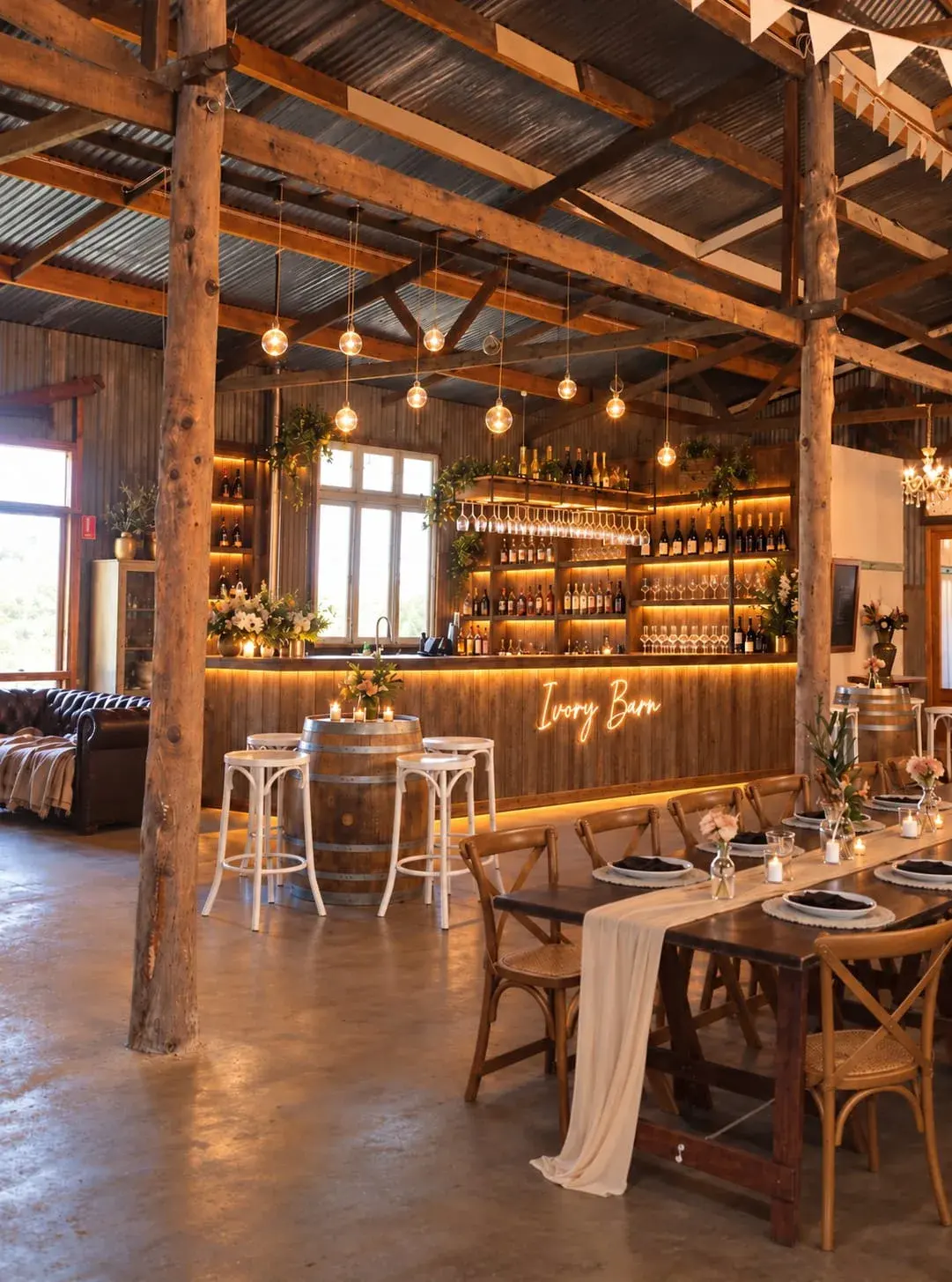 Inside the restored barn, styled for a wedding reception